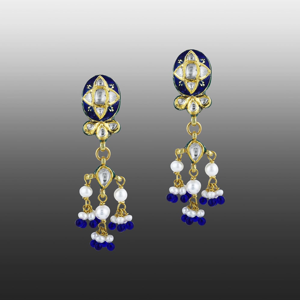 Polki Earrings with Blue Enamel, Pearl, and Blue Bead Drops